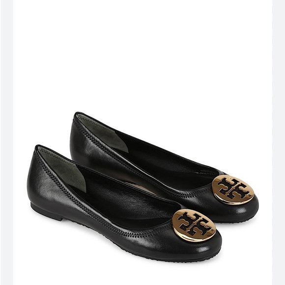Tory Burch Reva Ballet-Mestico Flat Shoes, Black with Gold Logo, Size 7 - Picture 1 of 8